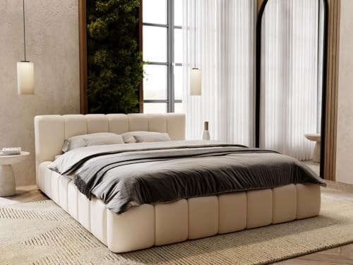 GRAINGOLD Split Bett 160x200, Polsterbett mit Bettkasten, Polsterbett mit Stauraum, Samt, mit Lattenrost, mit Kopfteil, ohne Matratze (Creme, 160x200)