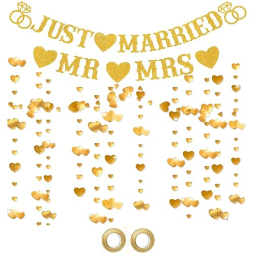 Just Married Decorations Set Just Married Banner Wedding Decoration - Gold Mr and Mrs Glitter Heart Garland Hanging Decor, Justt Marriedd Engagement Bunting Banners for Bridal Shower Party Supplies