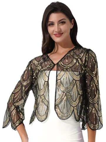 Xnihocha Damen Pailletten Bolero Kurze Strickjacke 3/4 Ärmel Schulterjacke Festlich Jäckchen Shrug Top für Hochzeit Patrykleid