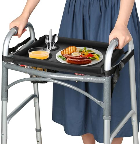 HOOMTREE Walker Tray for Folding Walker, Trays for Walkers Detachable with Cup Holder,Walker Trays for Rolling Folding Walker,Walker Accessories for Elderly (Black Without Pockets with Baffles)