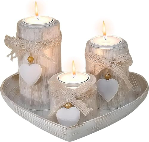 3 PCS Wooden Candle Holders with Tray, Romantic Heart Shaped Candle Holders Set, Love Candlestick Holder for For Wedding Dining Table Centrepiece Decor, Wedding Gifts