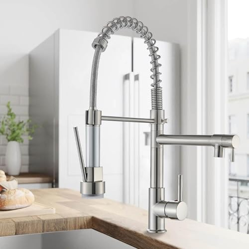 Suguword Dual Spout Kitchen Tap, Two Spouts Mixer Tap with Pull Out Sprayer & 360° Swivel, High Arc All-Metal Kitchen Sink Tap for Easy DIY Installation (Brushed Nickel)