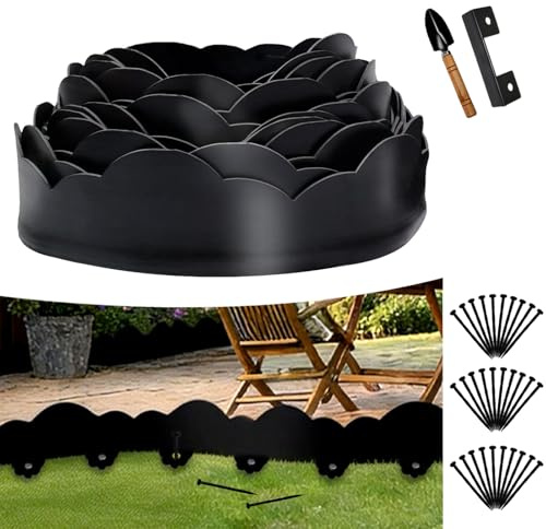 Bordure de Jardin Flexible 10m, Hauteur 7cm, avec 30 Piquets, 1 connecteur et 1 Petite Pelle, pour pelouse, Parterre Jardin. (Noir ondulé, 7cmx10m)