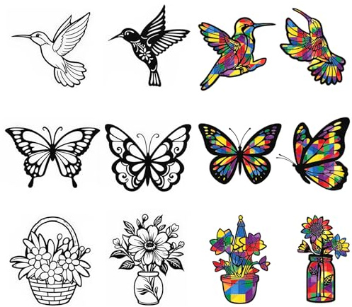 12 Stück Bastelset Frühling Kinder Fensterbilder - Frühlingsdeko Fenster Selbst Basteln - Fensterbilder Frühling Schmetterling Vogel Blume - Sonnenfänger Bastelsets mit Transparentpapier Schere