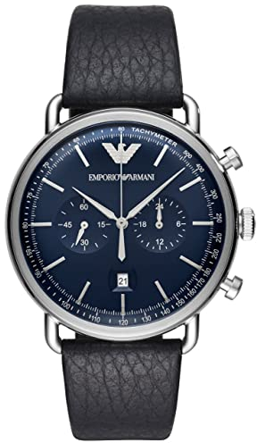 Emporio Armani Watch For Men, 2 sub dial Chronograph Movement and 43mm Case Size with Stainless steel, Leather or Silicone strap Schwarz und Dunkelblau , 43MM