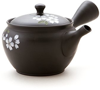 Gyokko Sakura Théière Japonaise Noir avec Motif Floral, fabriqué à la Main sur la vitre de poterie Infuseur en céramique intégré