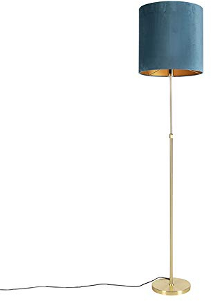 QAZQA - Klassisch I Antik Stehleuchte I Stehlampe I Standleuchte I Lampe I Leuchte Gold I Messing I Messing mit Veloursschirm blau 40I40 cm - Parte I Wohnzimmer I Schlafzimmer - Stahl Zylinder I Längl