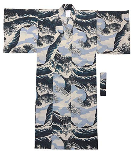 Edoten Yukata für Herren (mit Obi-Gürtel), Wave Wh L, XXL