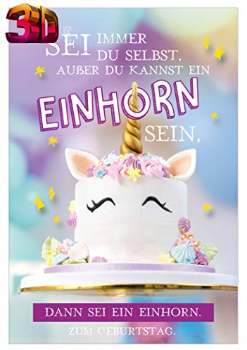 KE - 3D Effekt Geburtstagskarte mit Einhorn Motiv, Inklusive Umschlag, DIN B6 Format, Lustige Glückwunsch-Karte zum Aufklappen