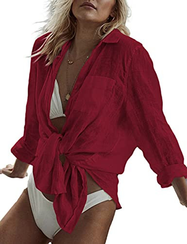 Bsubseach Long Sleeve Swim Cover Up for Women Button Down Beach Shirt Blouses Bikini Coverup Swimwear Red