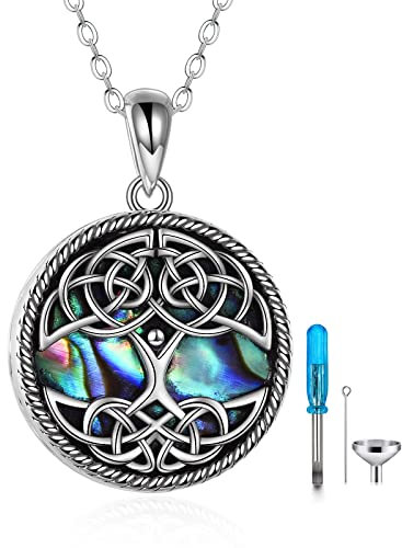 Tree of Life Urn Necklaces for Ashes Sterling Silver Abalone Shell Cremation Memorial Jewelry for Women Men