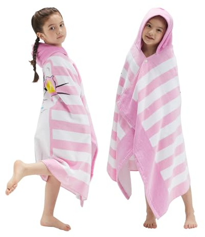BANGSAUR Kinder-Strandtuch mit Kapuze, 100% Baumwolle, weich und saugfähig, Badetuch, Badetuch, Überzieher für Jungen und Mädchen, extra Größe: 127×76cm (Pinke Katze)
