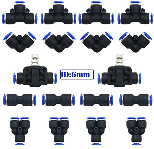 Pneumatik Steckverbinder, CESFONJER 18 pcs Air Push Schnellbefestigungen Kit, für 6mm PU/PE/Nylon Rohr (Y+T+L+I Typ +Rohrdrosselventil Combo)