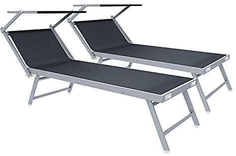 Bricozone Set Da Due Lettini Prendisole Professionale Pieghevole In Alluminio Tettuccio Parasole Orientabile Sdraio Lettino Prendi Sole 182 x 60 x 38 cm Mare Spiaggia Piscina Giardino (Grigio scuro)