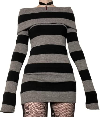 Women Gothic Dresses Long Sleeve Off Shoulder Knitted Mini Dress Punk Dark Academia Y2k Retro Grunge Short Dresses (A Black, Medium)