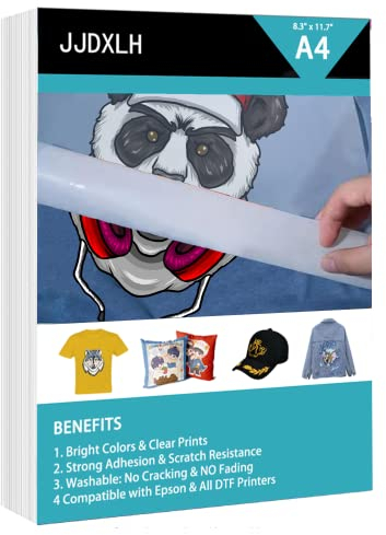 DTF Transferfolie, A4 (21,1 x 29,7 cm), 20 Blatt, PET-Wärmeübertragungsfolie, glänzend, klar, vorbehandeltes Wärmetransferpapier für direkten Druck auf T-Shirts, Textilien