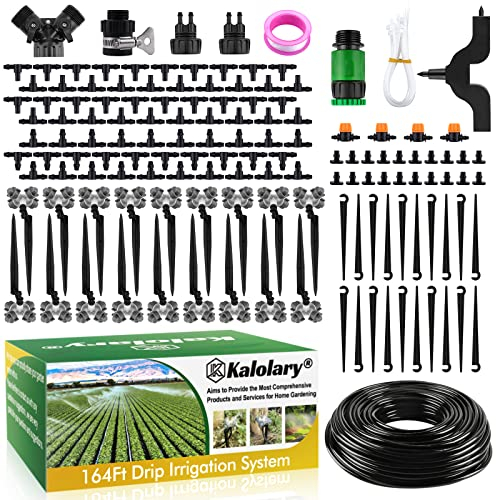 164FT Automatic Drip Irrigation Kit, Kalolary Garden Irrigation System with Adjustable Emitters and Misting Nozzles DIY 4/7 Watering System Micro Irrigation Equipment for Greenhouse Plant Lawn (1/4”)