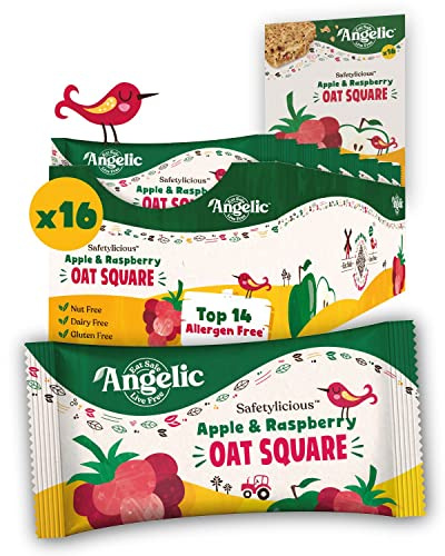 Angelic Free From 16 Pack Apple & Raspberry Oat Squares. Vegan Allergen Free Kids Snack Oat Bars For Snacks & Lunch Box. Nut, Gluten, Egg & Dairy Free Multipack Kids Snack Bars (16 x 30g Bars)