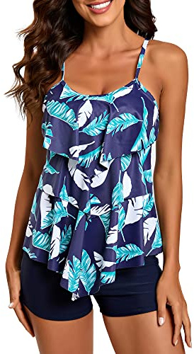 FLYILY Maillot de Bain 2 Pièces Femme Tankini Ensembles à Volants Maillot Haut Imprimé avec Short de Garçon Maillots de Bain Grande Taille(NavyLeaf,3XL)