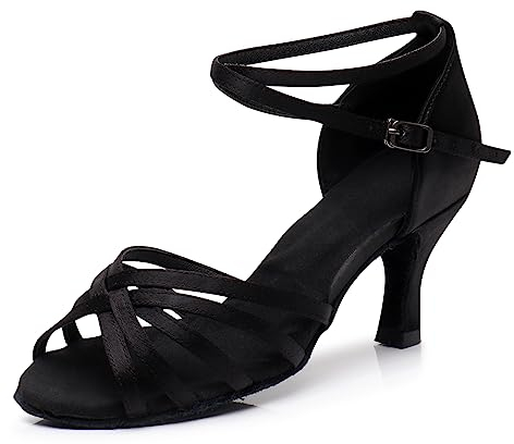 PADGENE Chaussures de Danse à Semelle Molle en Satin pour Femmes, à Talons Hauts Chaussures de Danse pour Jazz/Latin/National Mark/Rumba/Cha Cha, L - Noir - 7cm, 36 EU