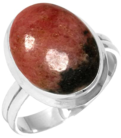 Jeweloporium 925 Silber Ringe für Frauen Natürlich Rosa Rhodonit in schwarzem Mangan mit Stein Boho Silber Ringe Größe 58(18.5) Halloween Geschenk Handgefertigt Schmuck