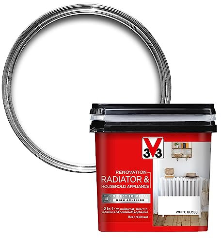 V33 Renovation Radiator & Household Appliance Paint - Direct to Metal & PVC - High Adhesion - Resistance To Temperature Variations - White Gloss 750ml