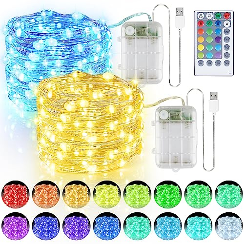 StarryEver Bunt LED Lichterkette Innen Batterie & USB, 16 Farben 4 Modi Lichterkette Außen mit Fernbedienung Timer, 5M 50 LED Lichterkette Batteriebetrieben für Zimmer Party Weihnachten Deko 2er Pack