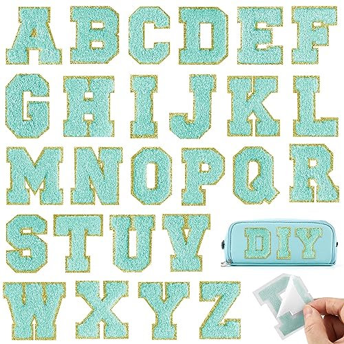 BOUBONI 26Pcs Blue Chenille Letters A-Z, Self Adhesive Chenille Letter Patches for Fabric Clothing (Blue, 26)