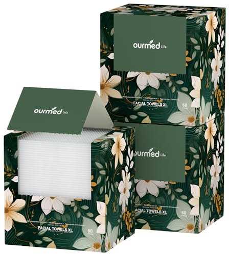 Ourmed Life Disposable Face Towel | Lint-Free Biodegradable Clean Towels | Dry Makeup Remover Wipes | Super Soft & Thick for Sensitive Skin | 10-Inch X 12-Inch XL Size | 150 Count, Dot Pattern