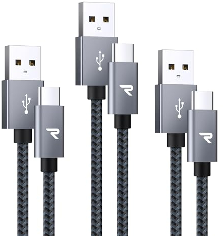 RAMPOW Lot de 3 câbles USB C 1 m + 1 m + 2 m - Câble USB C pour iPhone 16, câble de charge USB C, câble de charge rapide QC 3.0 3 A, câble de charge USB C pour iPhone 16/15, Samsung S23/S22 - Gris