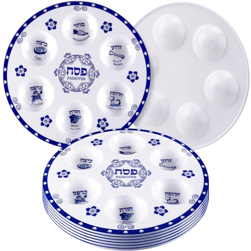 Foilswirl 6 Pieces Passover Seder Plates 12 Inch Pesach Plates Set Elegant Blue Renaissance Design Round Seder Tray Marked with Traditional Food for Passover Gifts Adults Kids