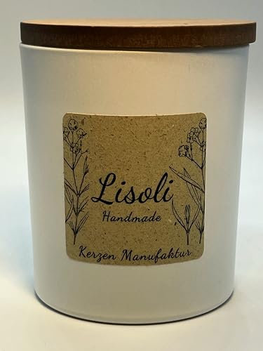 Duftkerze im Glas, handgemacht, vegan (weiß matt 30 Cl) mit langer Brenndauer und Holzdeckel zur Wiederverwendung. (Duft: Uplifting (Wellness), Docht: Holzdocht)