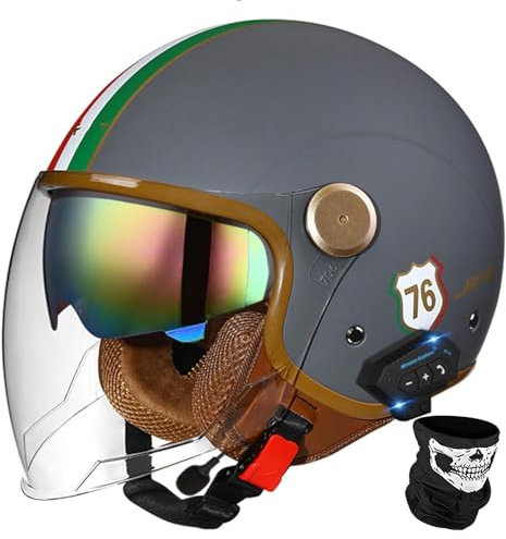 Kcolic Casco Moto Bluetooth Casco Jet con Visiera Omologato ECE 3/4 Mezzo Casco Moto Aperto con Microfono Speaker per Donna E Uomo per Scooter Racing Crash Casco P