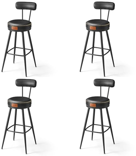 VASAGLE EKHO Kollektion - 360° drehbarer Barhocker, 4er Set, Hocker mit Rückenlehne für Bartisch, Kunstleder mit Nähten, Mid-Century-Modern-Stil, 76 cm hoch, Küche, Hausbar, tintenschwarz LBC389B01