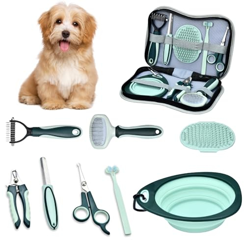 Onherm 8-teilig Tierpflegeset für Hund Katzen - mit Bürsten Haarausfall und Badebürste, Tierfellschere, Krallenschere und Krallenfeile, Doppelköpfige Zahnbürste Klappbare Fressnapf