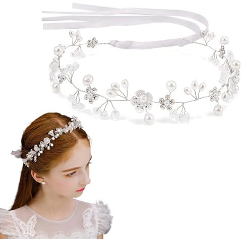 ZOPJUMA Haarreifen Mädchen Blumenmädchen Haarband Weiß Haarreif Kopfbedeckung Prinzessin Blume Perle Krone Kristall Braut Hochzeit Haarschmuck Blumenmädchen Blumenkranz Haare Damen(C)