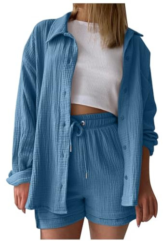 Shirt and Shorts Summer Muslin Blouse TwoPiece Women's Top + Hosenanzug Damen festlich elegant Cotton Women Sport Bekleidung Frauen Jogginganzug Set Outfit teveo