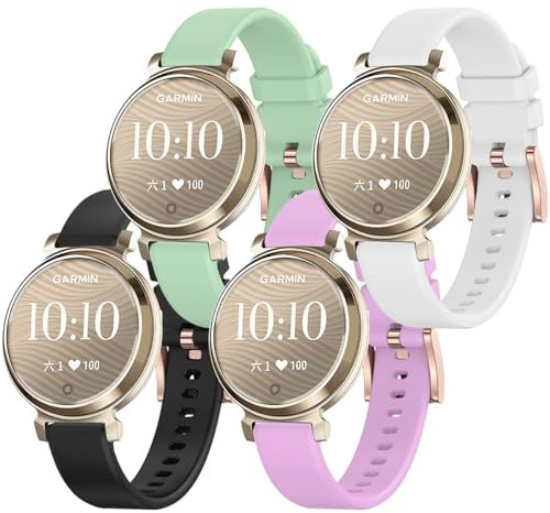 Miimall 4-Pack Strap for Garmin Lily 2, Stylish Rose Gold Metal Buckle Slim Bracelet, Soft Silicone Wristband, Adjustable Replacement Band for Garmin Lily 2 Accessories-Black+White+Purple+Light Green