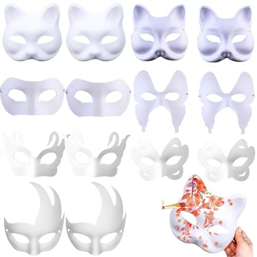 Bssowe 14 Stück Weiße Tiermasken DIY Maske, Papierzellstoff, Unisex Erwachsene & Kinder, Karneval, Halloween, Wohndeko