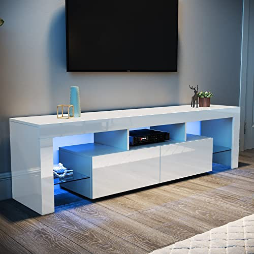 ELEGANT 160cm LED TV Unit High Gloss Modern TV Stand Cabinet with Ambient RGB Lights for 32 40 43 50 52 55 60 62 inch 4k TV Living Room and Bedroom Furniture with Storage, White