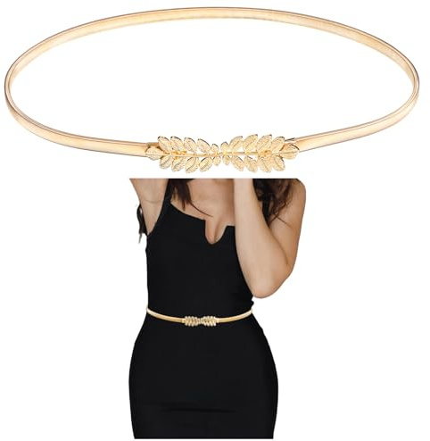 Yuanchu Women Elastic Skinny Waist Belt, Gold Ladies Dress Belt with Stretch Chain