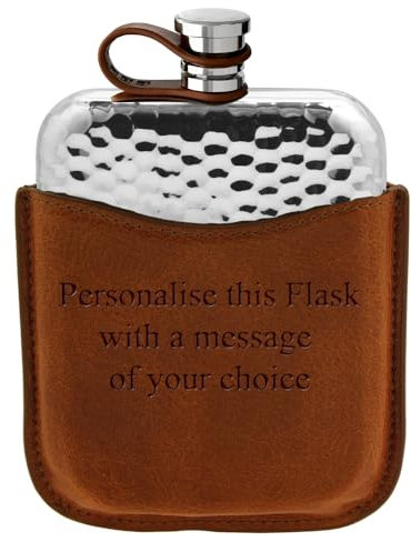 English Pewter Company 6oz Hammered Effect Hip Flask with Brown Leather Pouch and Flexi Cap. Personalised with Free Engraving [LPLF03]