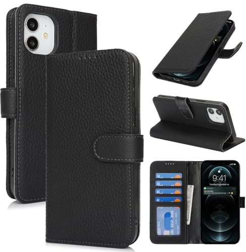 Zouzt Leather Wallet Case for iPhone 12/12 Pro, 4 Card Slot, Black | Genuine Leather, Card Holder, Shockproof TPU Shell, Magnetic Closure, Protective Flip Folio Phone Cover, For Women Men