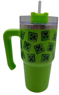 HOX Minecraft Movie Trinkbecher mit Strohhalm und Deckel, auslaufsicherer Reisebecher, vakuumisolierte Edelstahl-Wasserflasche mit Griff, hält 17 Stunden kalt oder 5 Stunden heiß