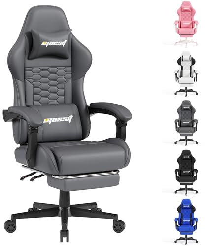 Opiesit Gaming Chair with Footrest,Ergonomic Gaming Chairs for Adults,Adjustable Height,Computer Game Chair with Headrest and Lumbar Support,Backrest Adjustable Swivel Gamer Chairs,Grey
