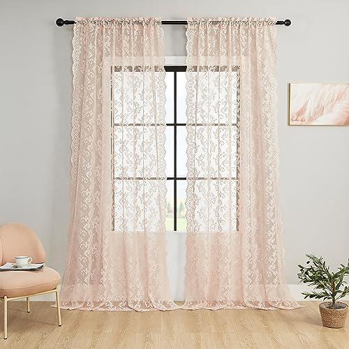 FOLKSIDE Lot de 2 Rideaux en Dentelle Rose pâle de 228,6 cm de Long – Rideaux victoriens à Motif Cachemire Floral pour Salon, Chambre de Fille, Chambre de Fille, filtrage de la lumière, décoration