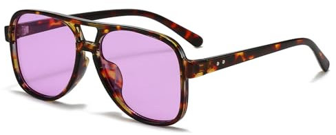 Long Keeper Retro Pilot Sonnenbrille Pilotenbrille Herren Damen Quadratisch Sonnenbrille Groß 70er Klassisch Eckige Pilot Retro Brille mit UV400 Schutz (Leopard Rahmen – Lila Gläser)