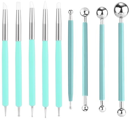 Gosknor 9pcs Double-Ended Sculpting Dotting Tools, Multi-Use Polymer Clay, Pottery & Ceramic Carving Kit for Embossing, Shaping Air Dry Clay, Nail Art, Rock Painting DIY Crafts (Green/Silver)