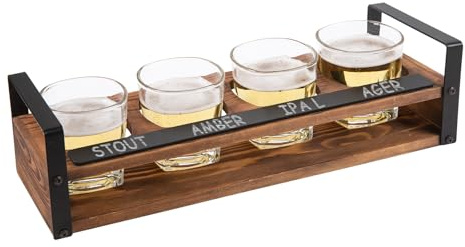 VERGOODR Vintage Piece Beer Flight Board Tasting Sampler Set with Chalkboard Panel, 4 Beer Glasses and Wood Serving Carrying Tray with Black Metal Handles (Roast color)
