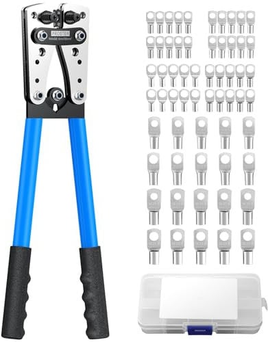 Proster Crimpadora Ajustable 6-50mm² (10-0 AWG) con Terminales de Cobre Estañado - Herramienta Profesional para Baterías y Cableado Eléctrico - Kit Incluye 85 Piezas y Mecanismo Giratorio de Alta Prec